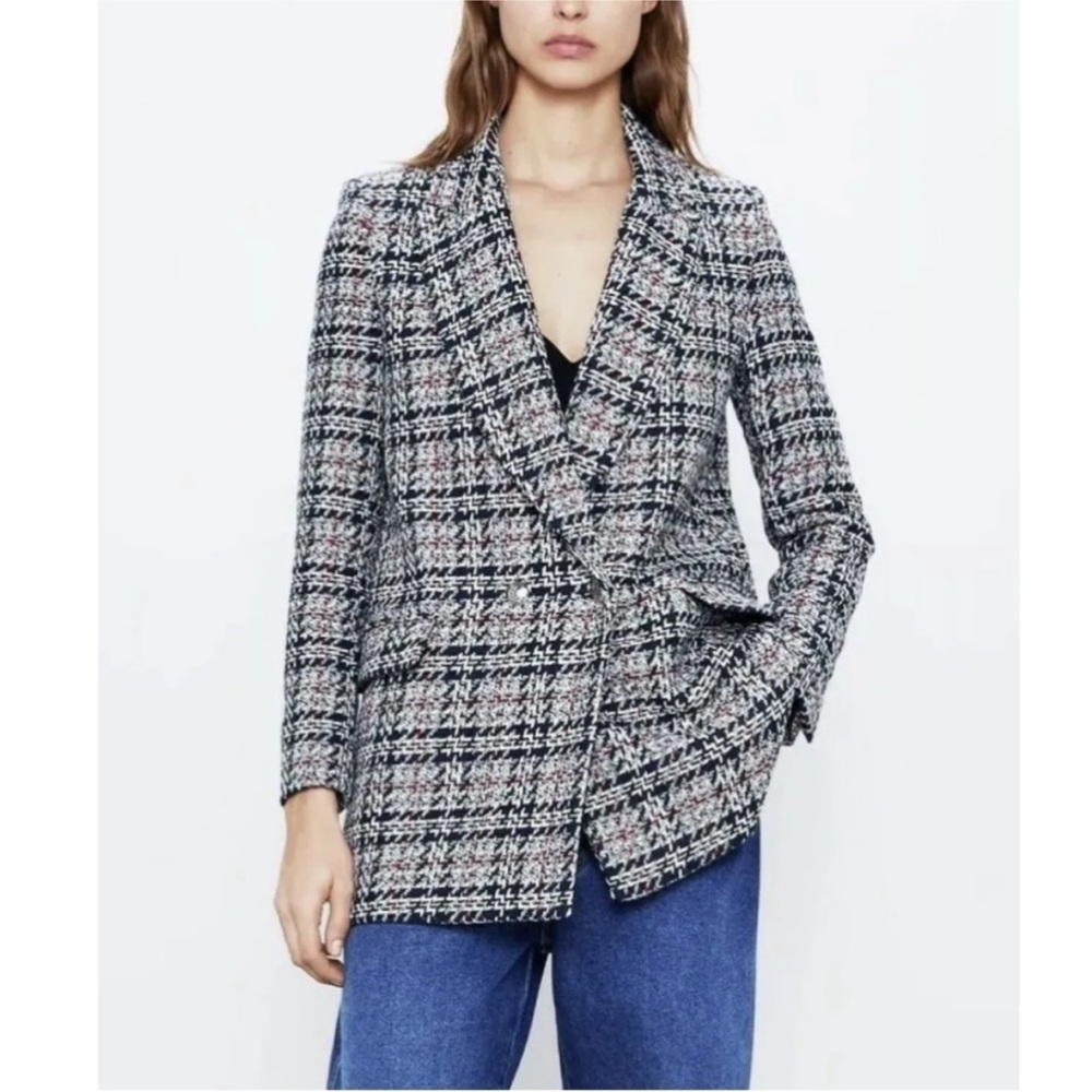 Zara Tweed Blazer Jacket Navy & Red Plaid - Picture 3 of 16